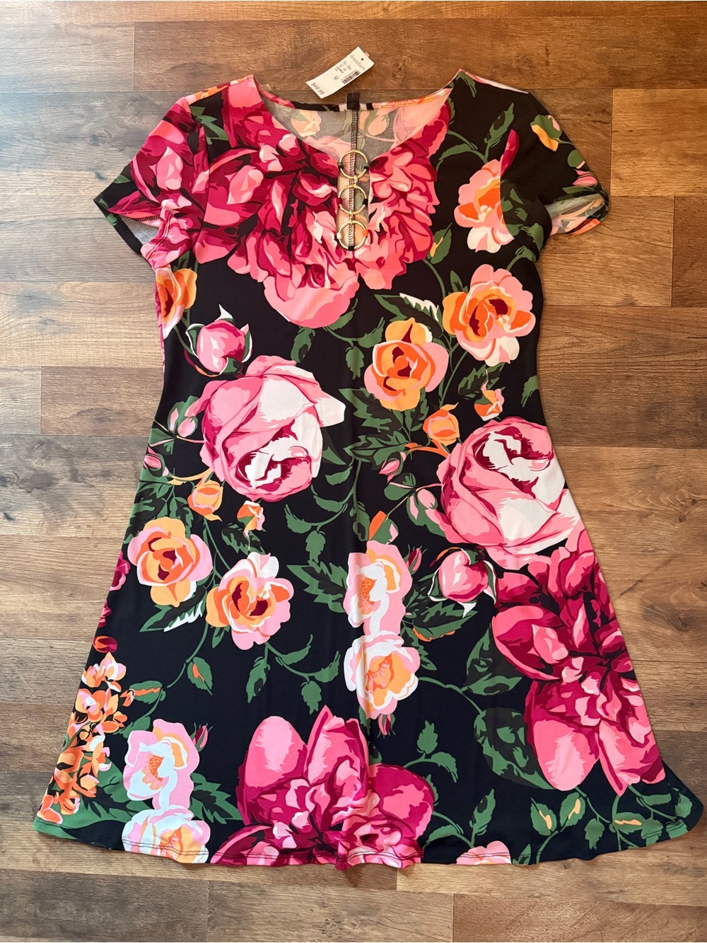 dressbarn Black Fit-and-Flare Dress with Pink and Orange Floral Print